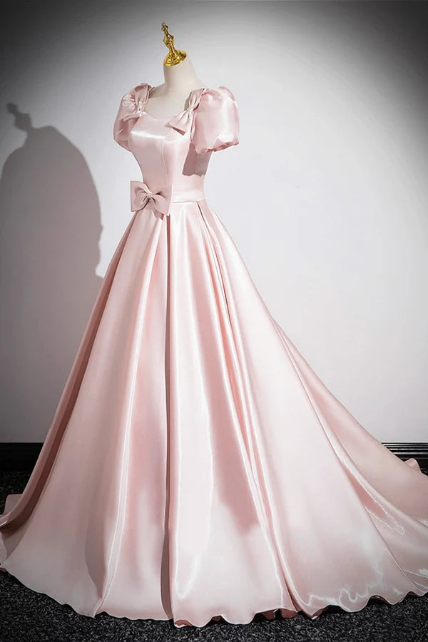 Wholesale Pink Scoop Neckline Satin Floor Length Prom Dress Pink Short Sleeve A-Line Party Dress